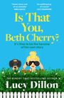 „Is That You, Beth Cherry?“ steht in gelber Schrift auf blauem Hintergrund mit Frau und Hund hinter grünen Büschen.
