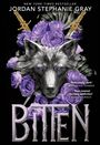 Buchcover: "Jordan Stephanie Gray: Bitten." Wolfskopf umgeben von lila Rosen; zwei goldene Schwerter im Hintergrund.
