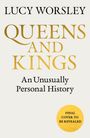 Text: "Lucy Worsley, QUEENS AND KINGS, An Unusually Personal History, FINAL COVER TO BE REVEALED." Schwarzer und goldener Text.
