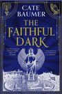 „CATE BAUMER: THE FAITHFUL DARK“. Eine Engelsfigur mit Flügeln über einer Stadtansicht in Blau und Gold.
