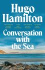 „Hugo Hamilton: Conversation with the Sea“. Zitate: „I feel changed“, „an epic story“, „near-perfect beauty“. Küstenlandschaft mit Meer.