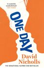 Zitate oben: "A wonderful, wonderful book", THE TIMES. Groß: "ONE DAY". Autor: David Nicholls. Zwei Gesichtsprofile in Orange.