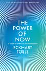 Text: "The Power of Now: A Guide to Spiritual Enlightenment, Eckhart Tolle." Strahlenförmig weiß-blauer Hintergrund.