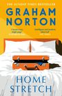 Titel: "GRAHAM NORTON - HOME STRETCH." Oben positive Kritiken. Illustration: Orangefarbener Koffer auf weißem Bett.