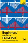 Text: "Beginners' American English. Learn faster. Remember more." Muster aus roten und weißen Brücken vor blauem Hintergrund.