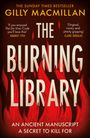 "THE BURNING LIBRARY" in großen Buchstaben, rote Flammen, Name der Autorin oben, Zitate von Autoren links und rechts.