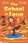 „The School is Lava“, „A story about emotionally-based school avoidance“. Kinder balancieren auf Büchern über Lava.