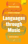Buchtitel: "How to use songs to learn a language: Languages through Music" von Desta Haile. Musikalische Notenlinien.