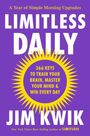 Text: "LIMITLESS DAILY, 366 Keys to Train Your Brain, Master Your Mind & Win Every Day, Jim Kwik." Lila Hintergrund, gelbe Sonne.