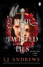 "Heir of Twisted Lies" steht groß über zwei Gesichtern geteilt durch ein Schwert, umrahmt von roten Blumen.