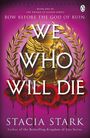 „We Who Will Die“ von Stacia Stark. Ein goldener Greif vor lilafarbenem Hintergrund, umringt von Rosen und Blättern.