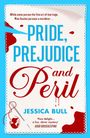 "PRIDE, PREJUDICE and PERIL" von Jessica Bull. Oberer Rand blutrote Schrift, Nadel und Faden links unten.