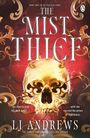 „The Mist Thief“: Buchcover mit goldenem, verzierten Totenkopf auf rotem Hintergrund. Text von LJ Andrews.