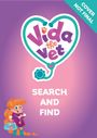 Text: "COVER NOT FINAL", "Vida the Vet", "SEARCH AND FIND". Illustration: Ein Mädchen mit einem Koffer und langem, orangefarbenem Haar.