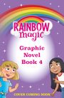 "Rainbow Magic Graphic Novel Book 4. Cover Coming Soon." Illustration: Zwei Mädchen, Regenbogen, lila Hintergrund, Sterne.