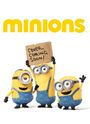 „Cover Coming Soon!“ Ein Schild wird von einem der gelben Minions hochgehalten. Drei Minions in blauen Overalls lächeln.