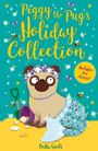 "Peggy the Pug's Holiday Collection" in gelber Schrift. Illustration eines Mops mit Blumenkranz und Meerjungfrauenflosse.