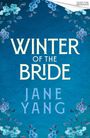 "Winter of the Bride" von Jane Yang. Blauer Hintergrund mit floralen Mustern in den Ecken.