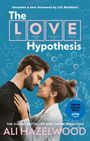 "The Love Hypothesis" in großen Buchstaben. Ein verliebtes Paar in wissenschaftlichem Kontext mit chemischen Formeln im Hintergrund.