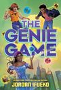 "The Genie Game" in großen Buchstaben. Drei fröhliche Kinder schweben über einer Stadt. Unten steht "Jordan Ifueko".