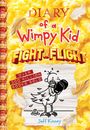 Text: "Diary of a Wimpy Kid: Fight or Flight", "Over 300 Million Books Sold", "Jeff Kinney". Illustration: Zeichnung eines Vogels mit Boxhandschuhen. Hintergrund aus Rührei und Federn gerahmt von Speck.