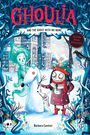 Titel: GHOULIA AND THE GHOST WITH NO NAME. Illustration: Kind mit Geisterfreund im Schnee, bunte, verspielte Szene.