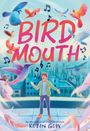 "BIRD MOUTH" steht in großen Buchstaben. Ein Junge umgeben von bunten Vögeln auf einem Dach, musikalische Noten fliegen.