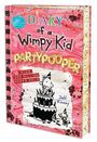 "Diary of a Wimpy Kid: Partypooper" steht auf einem pinken, tortenähnlichen Hintergrund mit Konfetti. Illustration: Junge auf Torte.