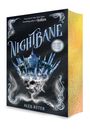 "Nightbane" von Alex Aster. Eine schwebende Stadt mit Kristallen und mystischem Rauch auf einem schwarzen Hintergrund.