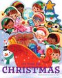 „It's Time for Christmas“. Fröhliche Elfen mit Geschenken um einen Schlitten, ein Schneemann und ein Weihnachtsbaum.