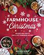 „FARMHOUSE Christmas“. Dekoratives Essen auf rotem Hintergrund mit Tannenzweigen und getrockneten Orangenscheiben.