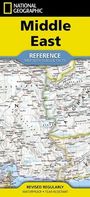 "Middle East. REFERENCE MAP WITH FLAGS & FACTS. REVISED REGULARLY." Oben ein gelbes Logo von National Geographic. Darunter Kartenausschnitt.