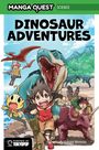 Titel: Dinosaur Adventures. Ein Junge rennt vor einem brüllenden Dinosaurier weg, umgeben von weiteren Dinosauriern.