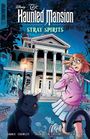 Text: "Disney The Haunted Mansion Stray Spirits." Eine Illustration mit einem Mädchen und einer schwarzen Katze vor einem Herrenhaus.