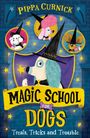 „Magic School for Dogs: Treats, Tricks and Trouble“, Illustration mit Hunden als Zauberer in Hüten und Sternen.