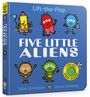 "Five Little Aliens", bunte Alien-Illustrationen auf blauem Hintergrund, "Lift-the-Flap" und "Fun with Felt Flaps!" erwähnt.