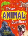 Texte: "Clever Animal Questions", "21 smart questions and answers!" Illustrationen von Tieren auf rotem Hintergrund.