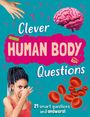 Text: "Clever HUMAN BODY Questions. 21 smart questions and answers!" Bunte Grafiken: Gehirn, rote Blutzellen, Hand. Frau hält Nase zu.