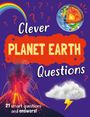 Text: "Clever PLANET EARTH Questions. 21 smart questions and answers!" Illustration: Erde, Vulkan, Regenbogen, Wolke mit Blitz.