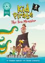 Text: "Kid Pirate: The Sea Monster." Illustration: Junge Piraten auf einem Floß, Tentakel im Wasser, Piratenflagge weht.