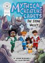 Text: "MYTHICAL CREATURE CADETS: THE STONE VALLEY. READING CHAMPION GRAPHIC READERS." Kinder in farbigen Anzügen fliehen vor einem Steinmonster.