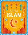 Text: "A WORLD OF FAITHS ISLAM". Illustration von Moscheen, Minaretten, Mondsichel, Sternen und Hängelampen in kräftigen Farben.
