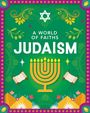 Text: "A World of Faiths - Judaism". Illustration mit Menora, zwei Schriftrollen, Davidstern und dekorativen Elementen.