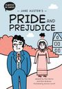 "CLASSICS IN COMICS", "JANE AUSTEN'S PRIDE AND PREJUDICE". Illustration: Ein Mann und eine Frau vor einem Haus.