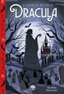 „Classics Retold: Dracula“, erzählt von Mick Gowar. Illustration eines gruseligen Friedhofs mit einem Schloss und Fledermäusen.