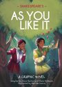 "Shakespeare's As You Like It. Ein Graphic Novel. Zwei Personen im Wald, eine hängt ein Schriftstück an einen Baum, Herzen schweben."