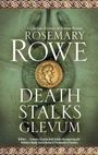 "Death Stalks Glevum" von Rosemary Rowe. Römische Münze auf grünem Hintergrund mit antiken Mustern oben.
