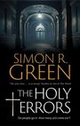 Der Text lautet: „SIMON R. GREEN. THE HOLY TERRORS. Six people go in. How many will come out?“ Sicht auf einen dunklen Flur.
