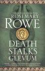 "Death Stalks Glevum" von Rosemary Rowe. Grüner Hintergrund mit antiker Münze und Muster.