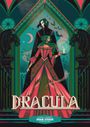 "DRACULA", "CLASSIC STARTS", "BRAM STOKER", "A RETELLING". Illustration mit Dracula und Frau in prächtigem Kleid.